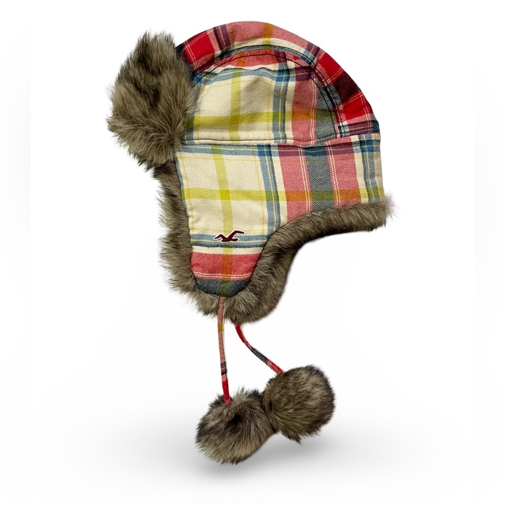 Hollister Plaid Faux Fur Trapper Hat One Size Winter Pom Pom Ear Flap